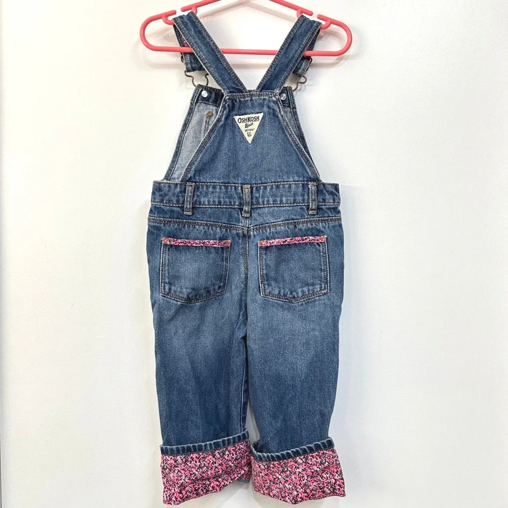 Vintage OshKosh Bgosh Girls Denim Overalls 2T Floral Pink Accent Trim Roll Cuffs